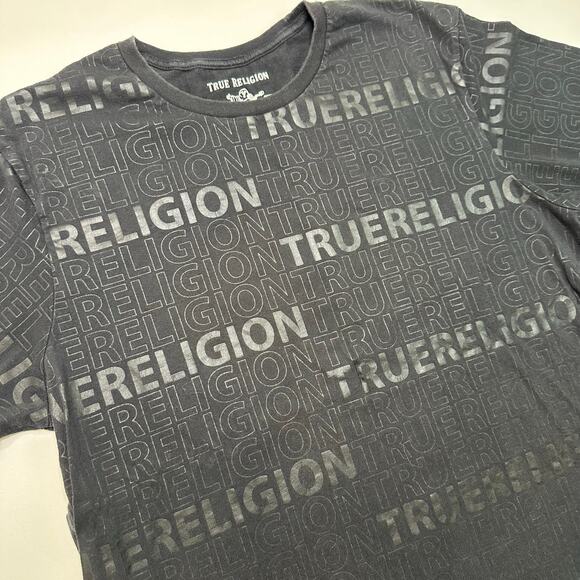 True Religion Allover Print Logo Black Cotton Tee - Picture 2 of 7